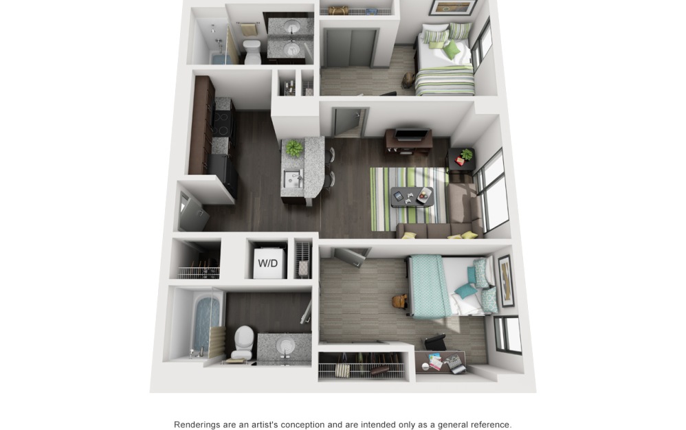 2 Bedroom 2 Bathroom - 2 bedroom floorplan layout with 2 bathrooms and 731 - 799 square feet (2x2 A)