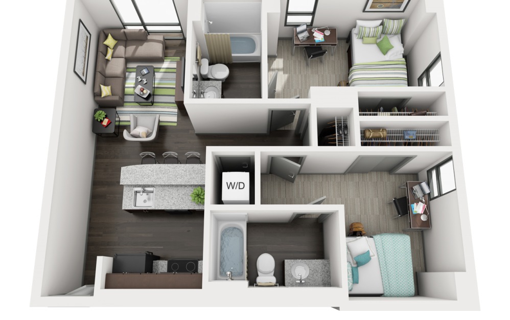 2 Bedroom 2 Bathroom - 2 bedroom floorplan layout with 2 bathrooms and 731 - 799 square feet (2x2 C)