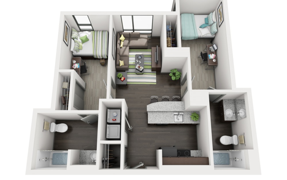 2 Bedroom 2 Bathroom - 2 bedroom floorplan layout with 2 bathrooms and 731 - 799 square feet (2x2 D)