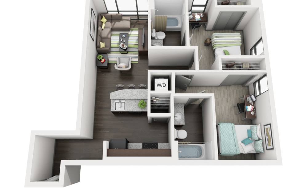 2 Bedroom 2 Bathroom - 2 bedroom floorplan layout with 2 bathrooms and 731 - 799 square feet (2x2 E)