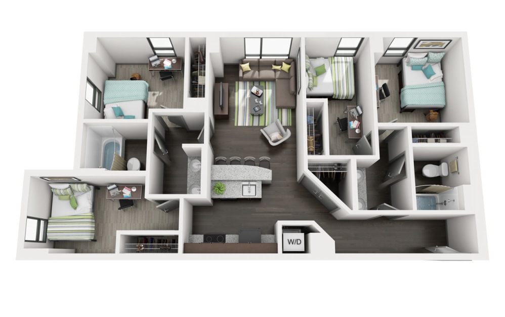 4 Bedroom 2 Bathroom - 4 bedroom floorplan layout with 2 bathrooms and 1102 - 1465 square feet (4x2 B)