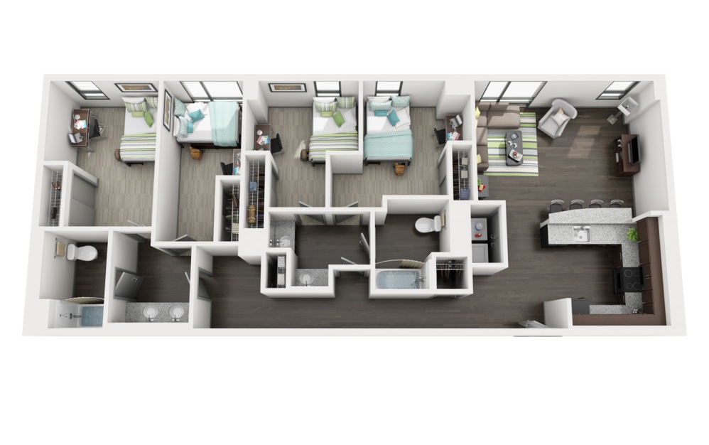 4 Bedroom 2 Bathroom - 4 bedroom floorplan layout with 2 bathrooms and 1102 - 1465 square feet (4x2 C)