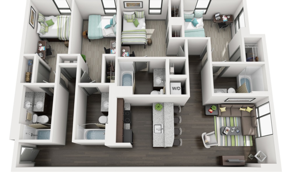 4 Bedroom 4 Bathroom - 4 bedroom floorplan layout with 4 bathrooms and 1322 - 1589 square feet (4x4 A )