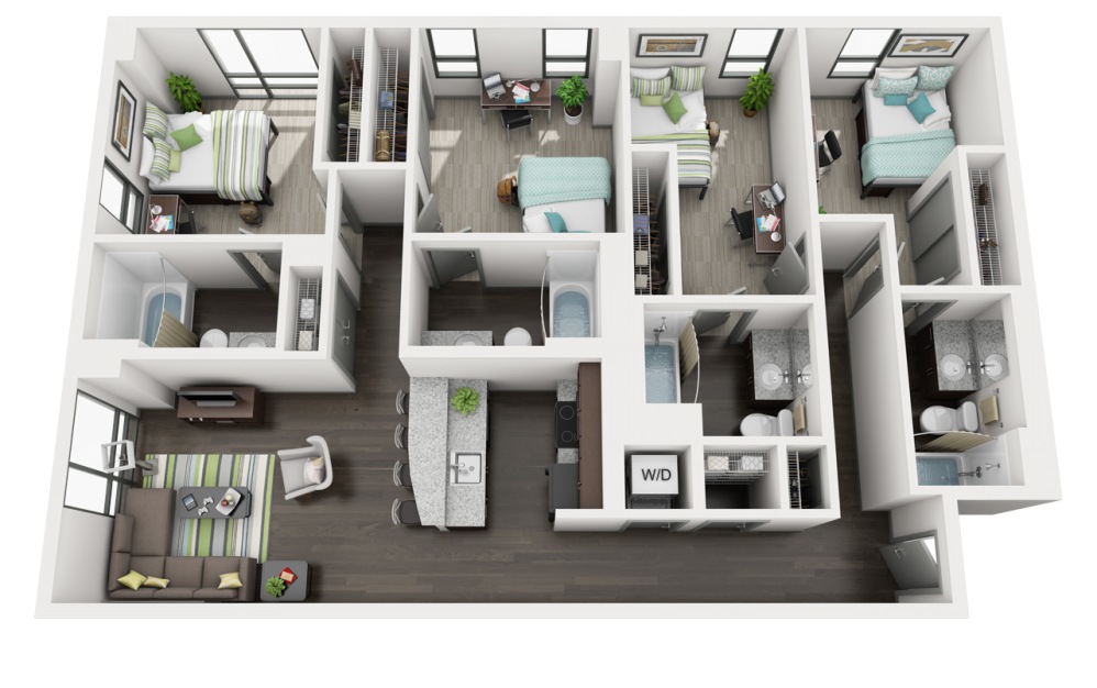 4 Bedroom 4 Bathroom - 4 bedroom floorplan layout with 4 bathrooms and 1322 - 1589 square feet (4x4 C)