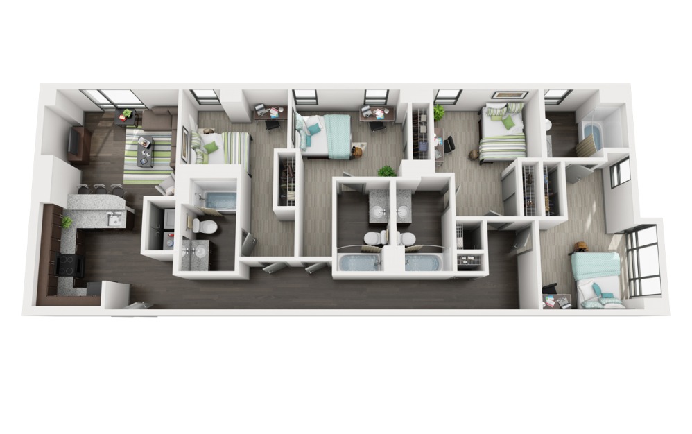 4 Bedroom 4 Bathroom - 4 bedroom floorplan layout with 4 bathrooms and 1322 - 1589 square feet (4x4 D)